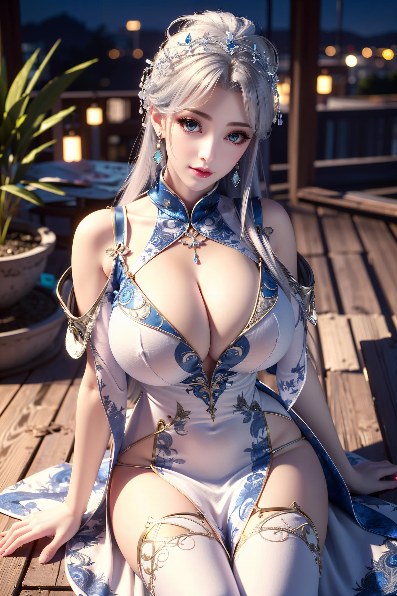 AI Nudes - 寧雨蝶 銀髪青裙水景のAIヌード画像集 75P