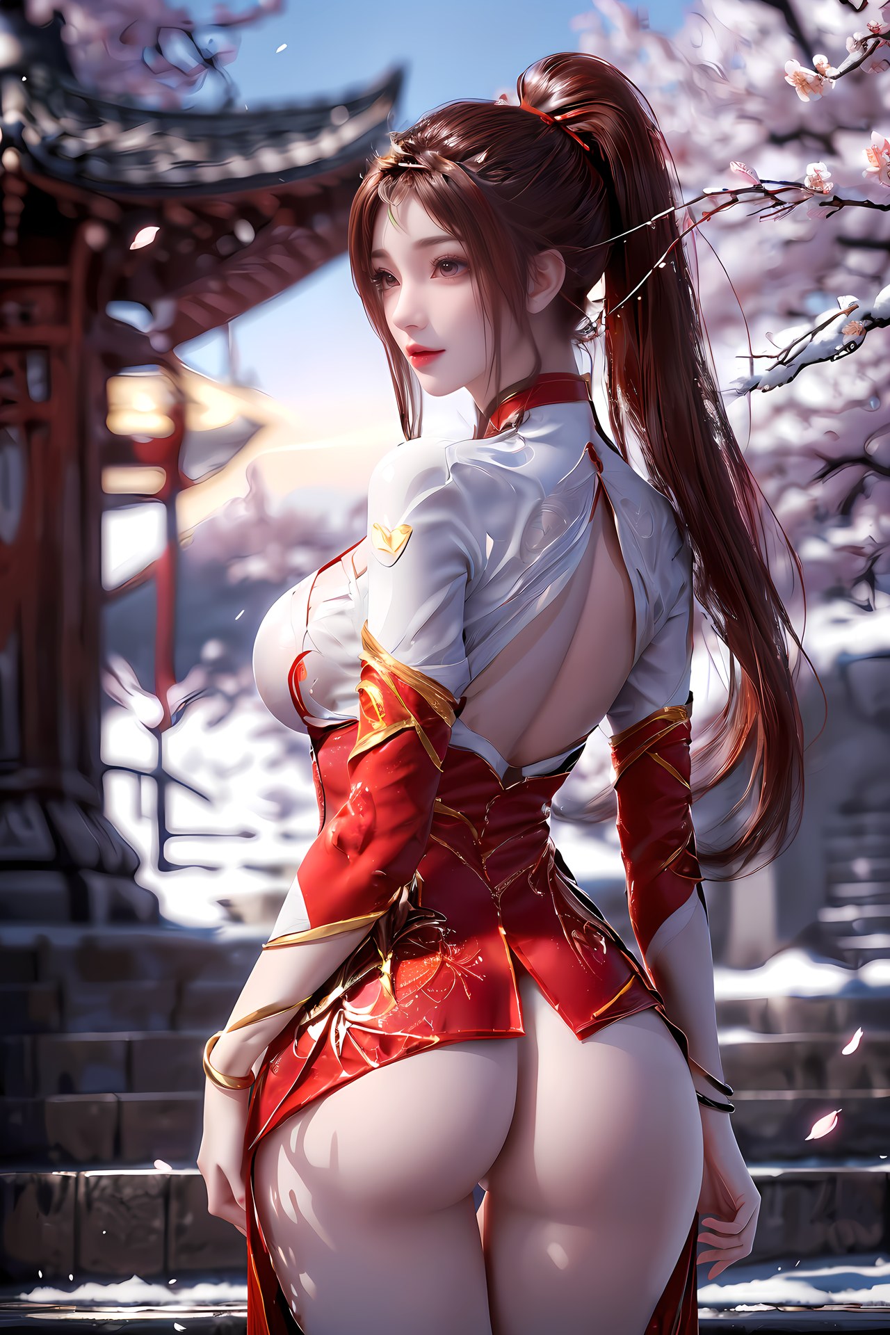 AI Nudes - 红凰：红色古风水景露穴图集 76P