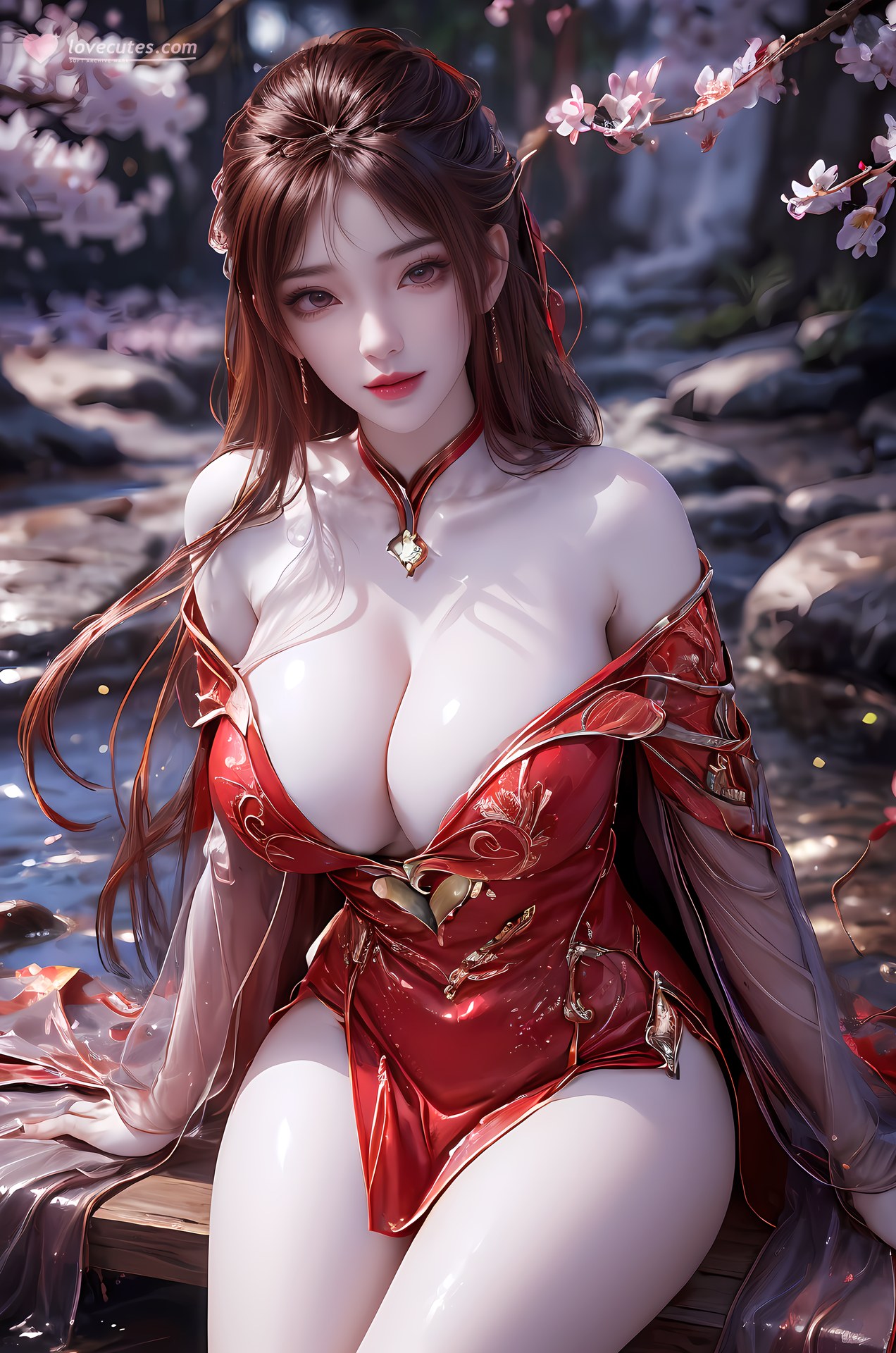 AI Nudes - 红凰：红色古风水景露穴图集 76P