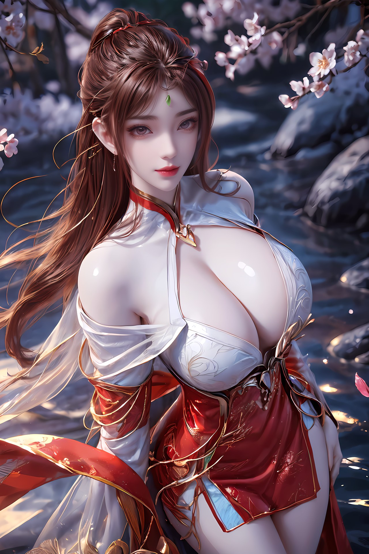AI Nudes - 红凰：红色古风水景露穴图集 76P