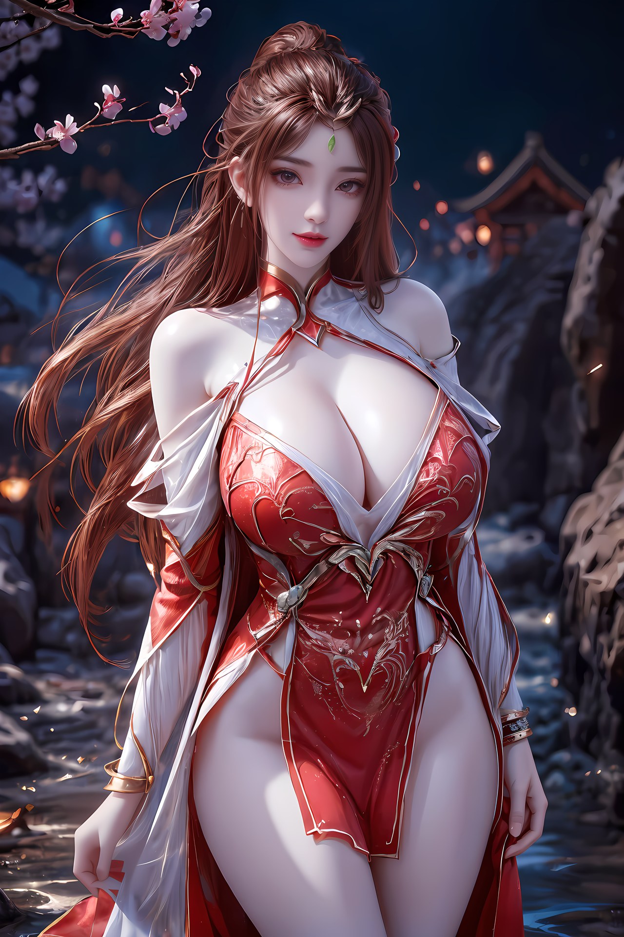 AI Nudes - 红凰：红色古风水景露穴图集 76P