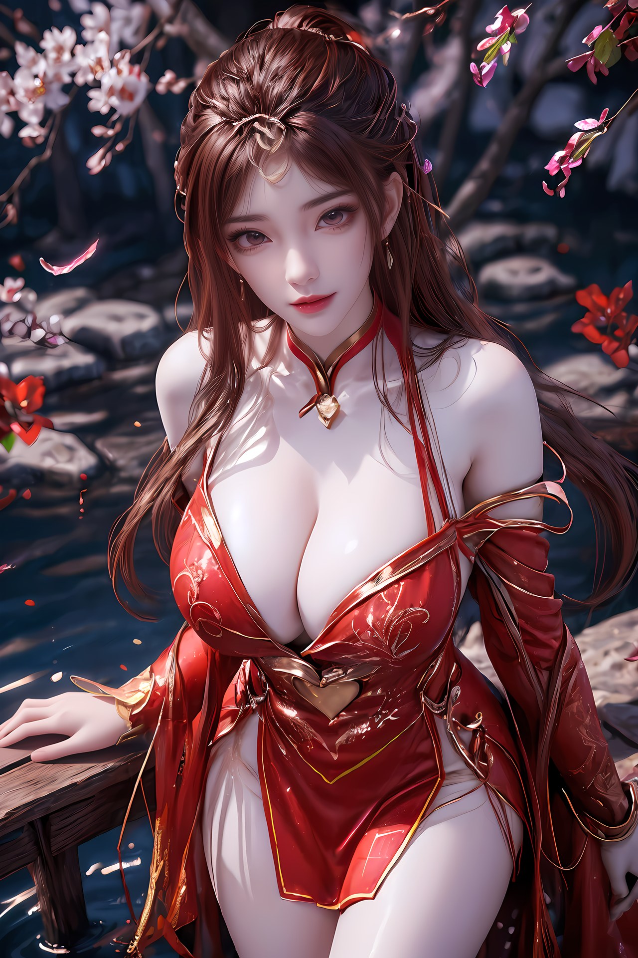 AI Nudes - 红凰：红色古风水景露穴图集 76P
