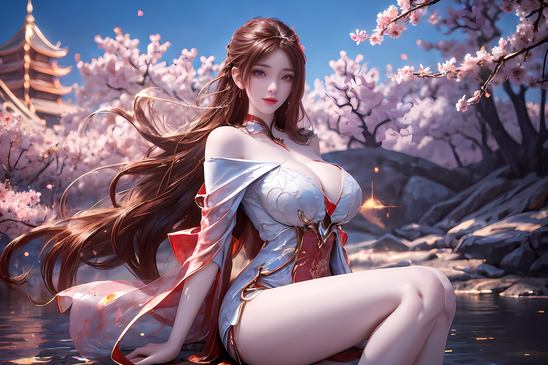 AI Nudes - 红凰：红色古风水景露穴图集 76P