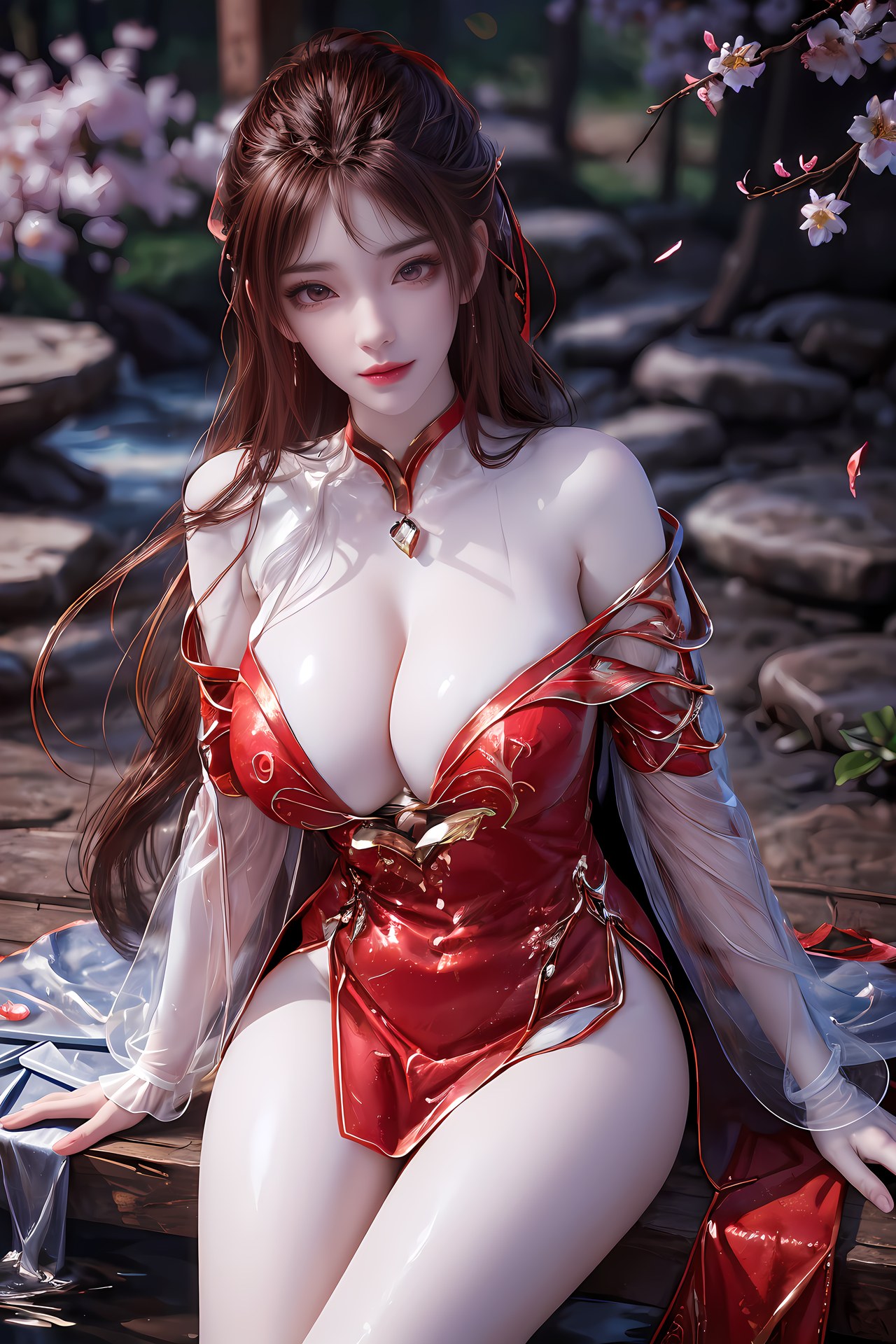 AI Nudes - 红凰：红色古风水景露穴图集 76P