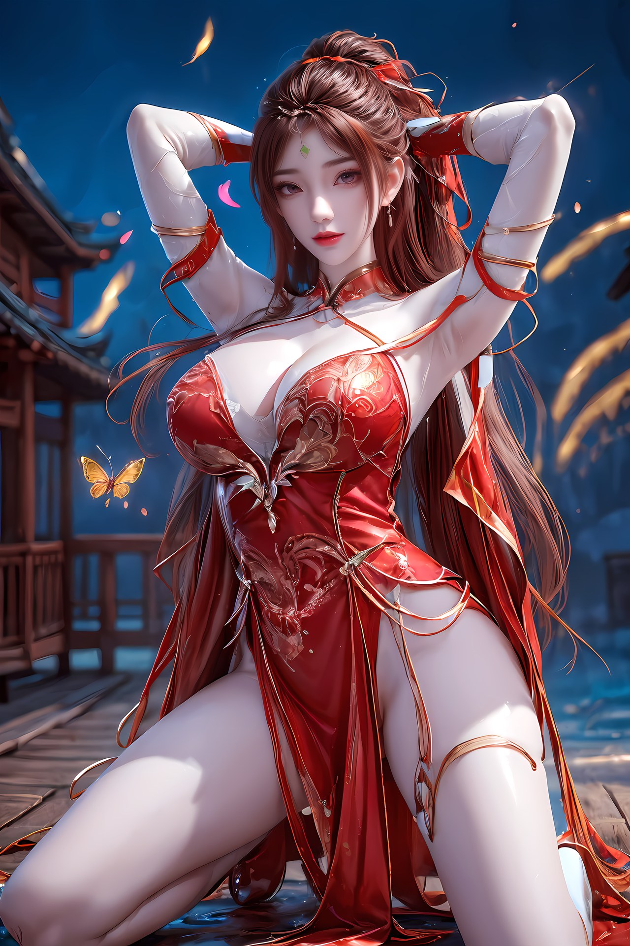 AI Nudes - 红凰：红色古风水景露穴图集 76P
