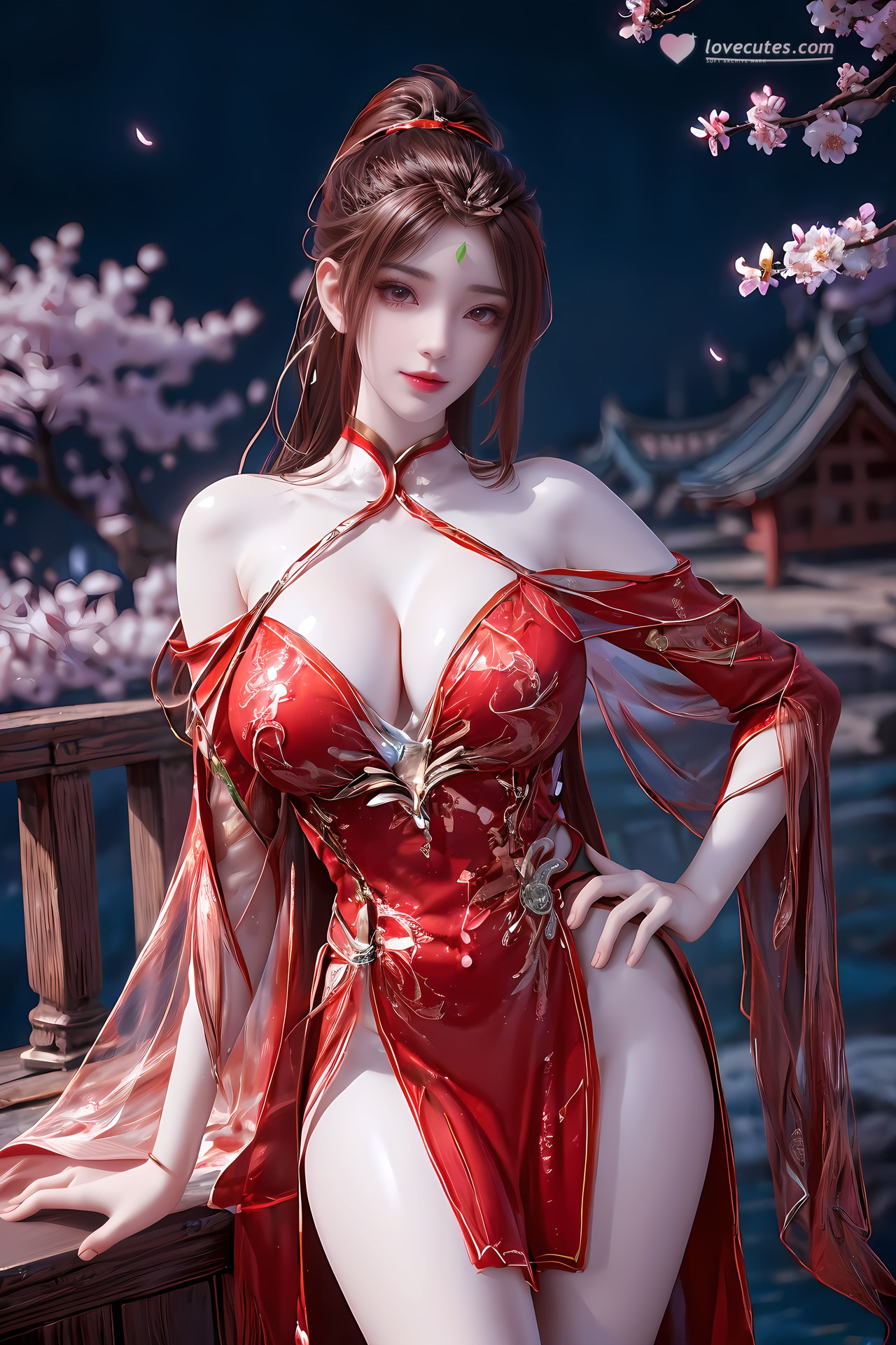 AI Nudes - 红凰：红色古风水景露穴图集 76P
