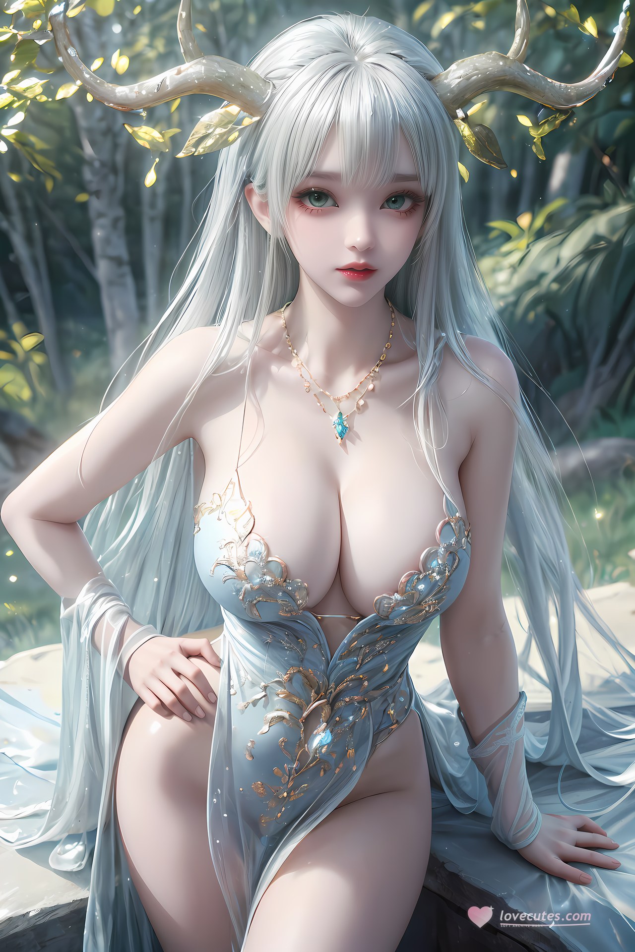 AI Nudes - 虚天神藤：白发鹿角森林水景露穴图集 73P