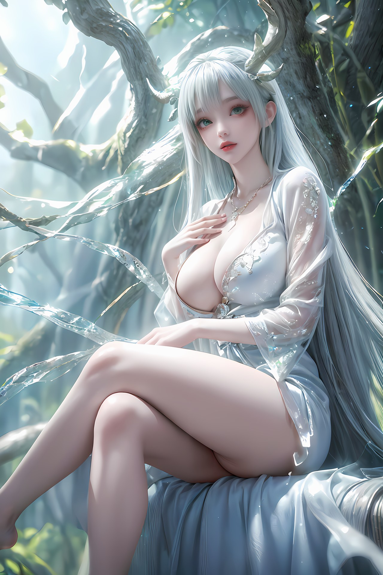 AI Nudes - 虚天神藤：白发鹿角森林水景露穴图集 73P