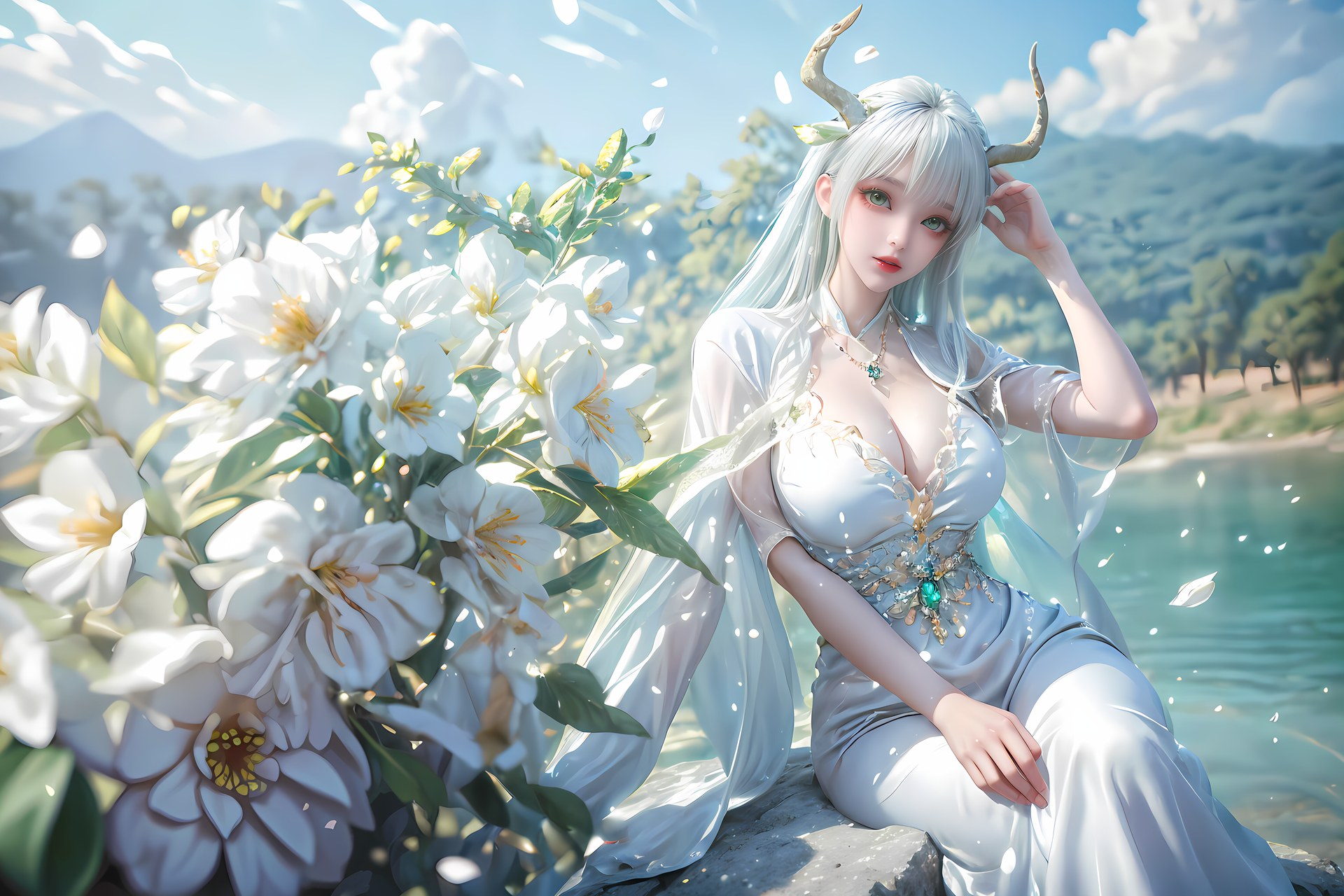 AI Nudes - 虚天神藤：白发鹿角森林水景露穴图集 73P
