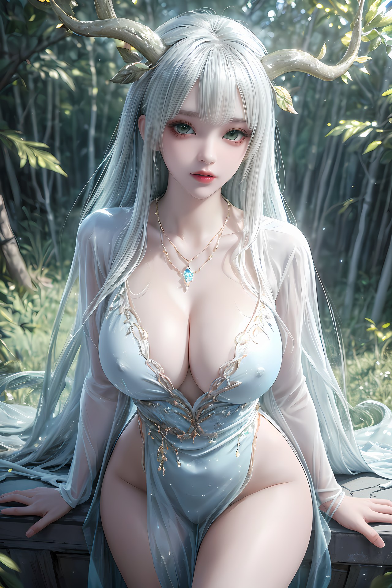AI Nudes - 虚天神藤：白发鹿角森林水景露穴图集 73P