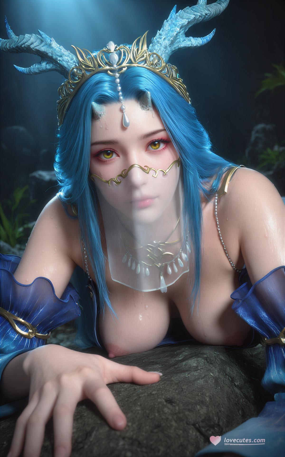 AI Porn - 完美世界 龍女：藍髮面紗洞窟交合圖集 100P